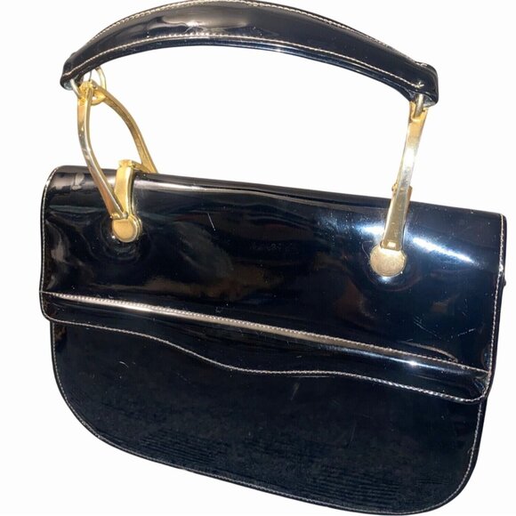 Made In USA Handbags - Vintage Black Patent Leather Handbag  Gold Tone Handle Hardware Classic USA